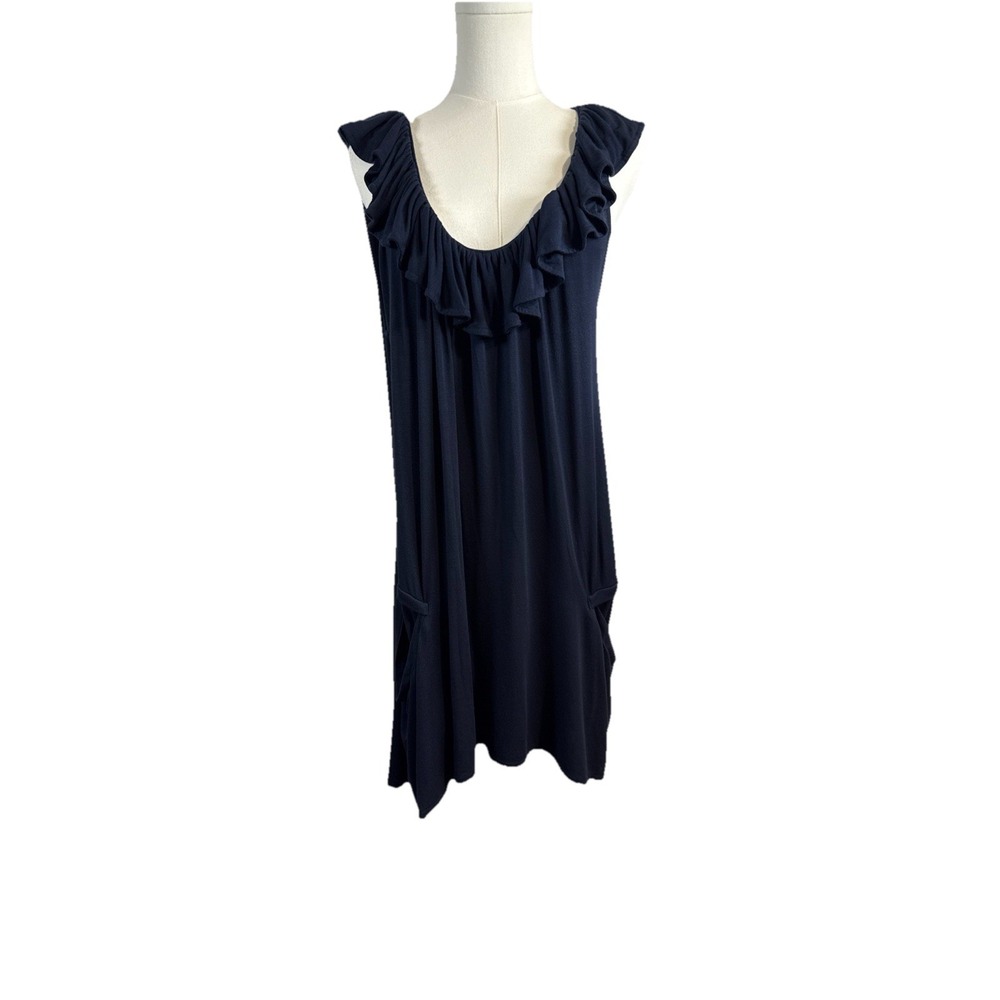 Leifsdottir Size Lg Navy Mini Dress Ruffle Neck Line Sleeveless Bucket Pockets.